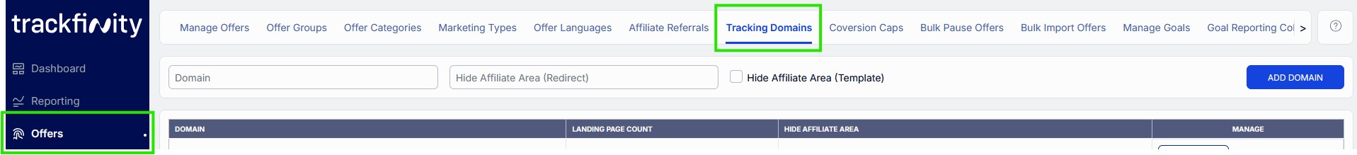 tracking domains sub menu